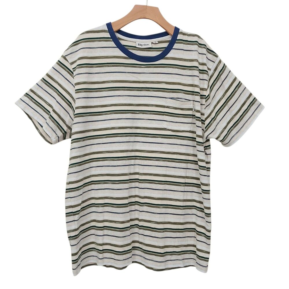 Rhythm Surf Tee Mens XL Beige Striped Pocket Short Sleeve Cotton Casual
